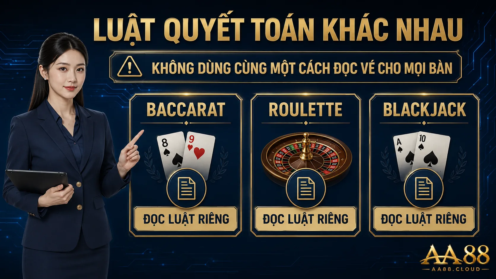 Baccarat, Roulette và Blackjack có luật quyết toán khác nhau; không dùng cùng một cách đọc vé cho mọi bàn.