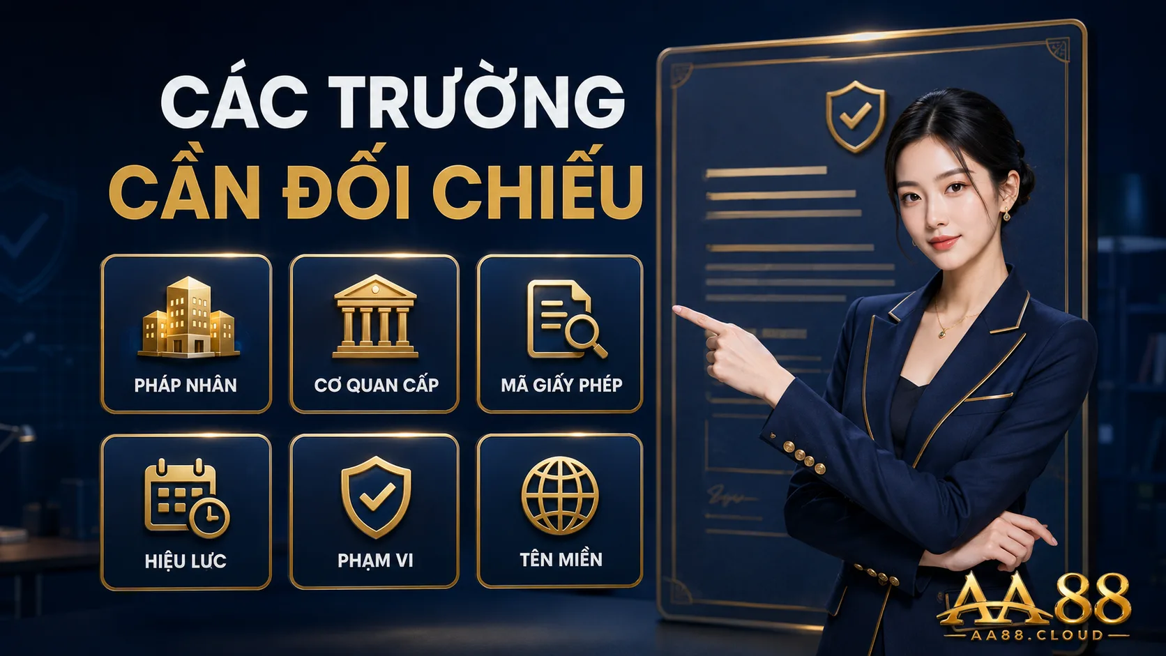 Các trường quan trọng cần đối chiếu gồm pháp nhân, cơ quan cấp, mã giấy phép, hiệu lực, phạm vi và tên miền
