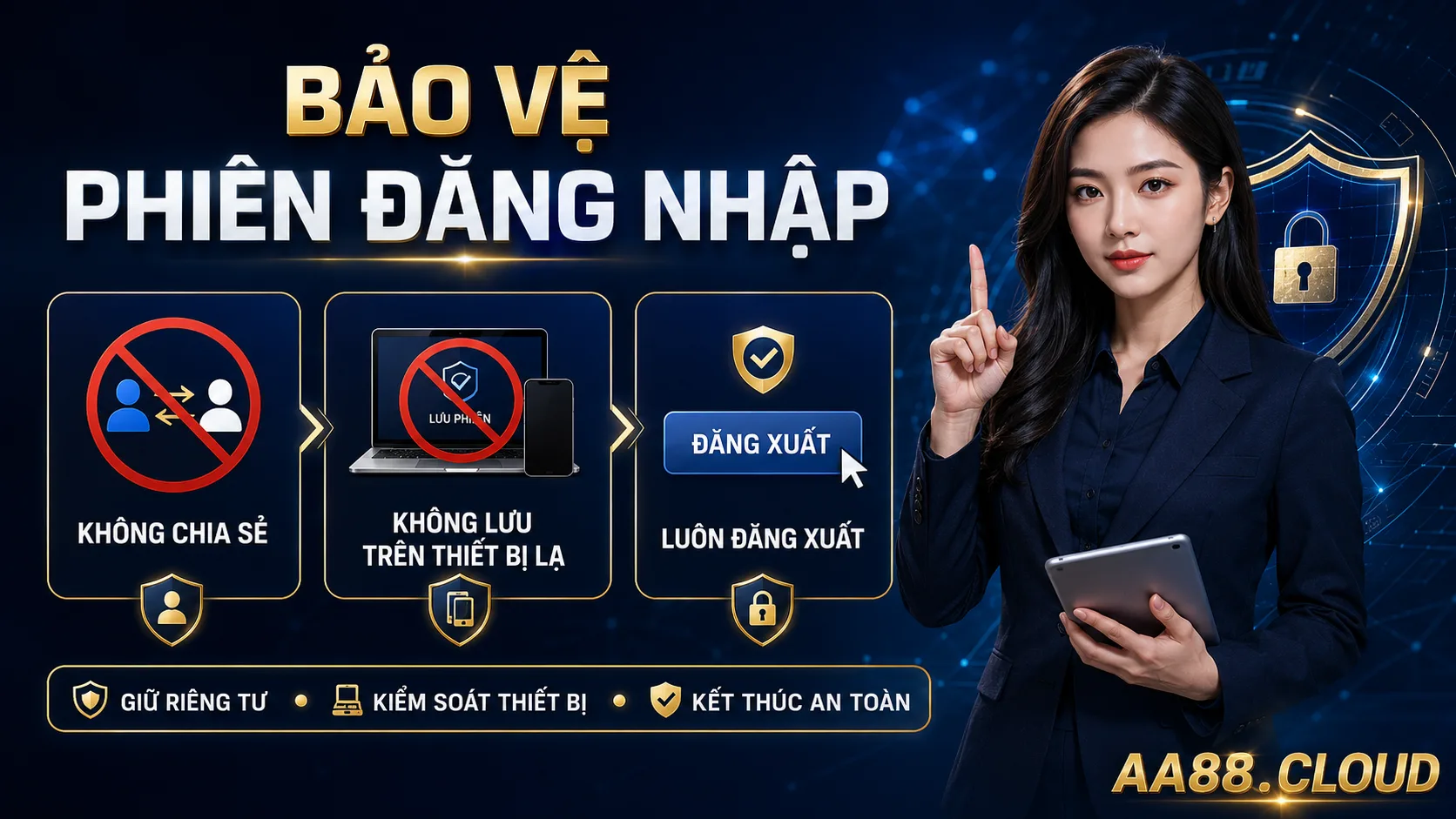 Không chia sẻ thông tin truy cập, không lưu phiên trên thiết bị lạ và luôn đăng xuất khi kết thúc