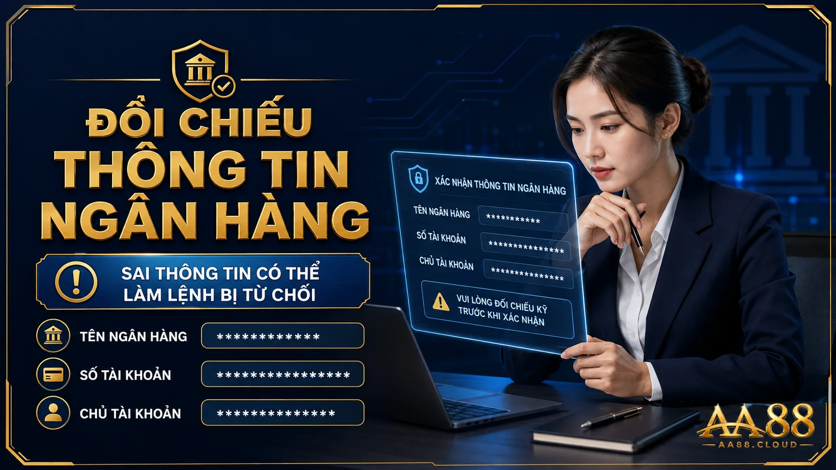 Thông tin ngân hàng phải được đọc lại trước khi xác nhận vì sai số tài khoản hoặc sai ngân hàng có thể khiến lệnh bị từ chối