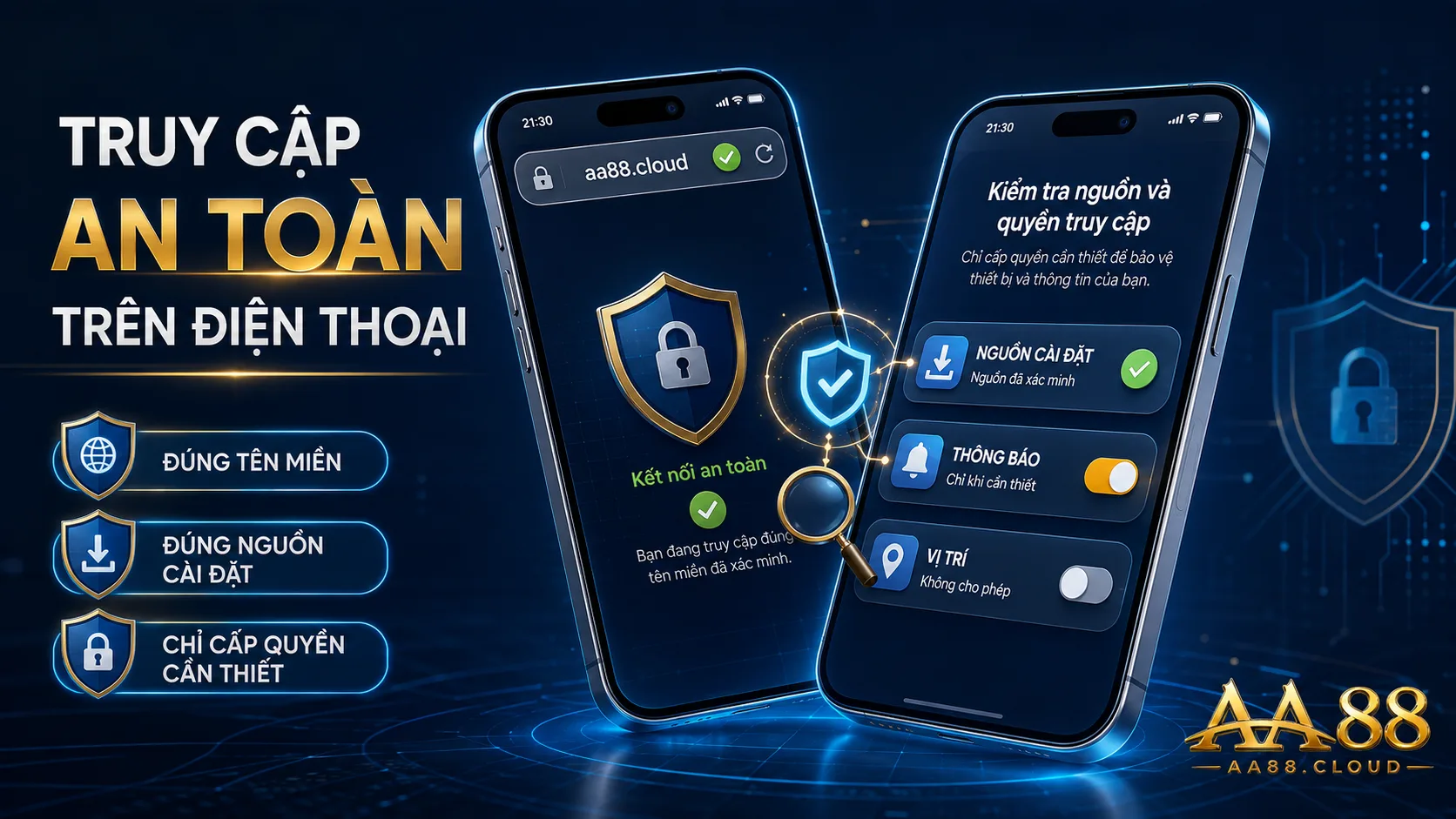 Trên điện thoại, hãy kiểm tra tên miền hoặc nguồn cài đặt trước khi đăng nhập và chỉ cấp quyền thật sự cần thiết.